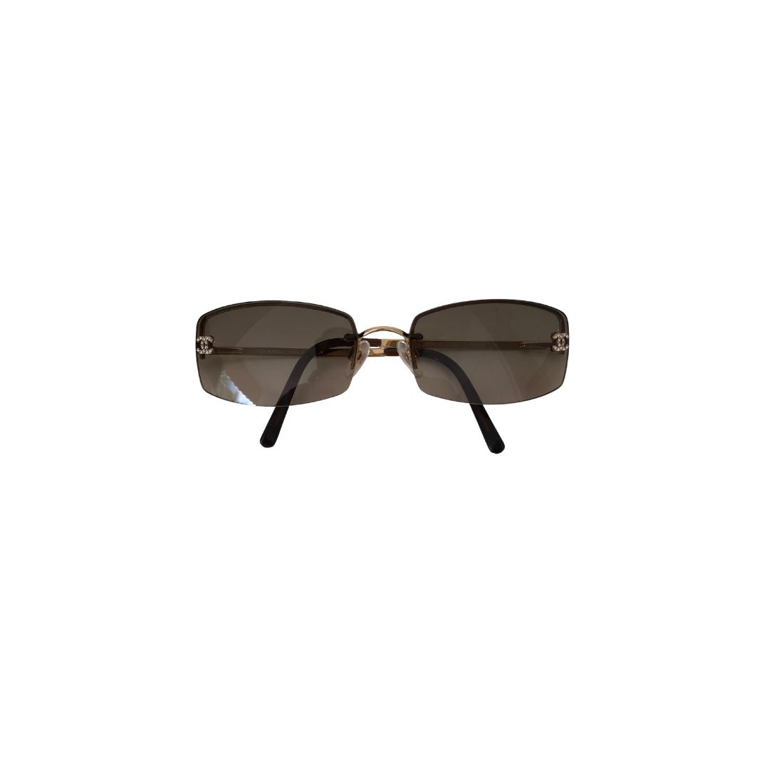 Chanel Rimless Dark Brown Sunglasses with Rhinestone Embellishment